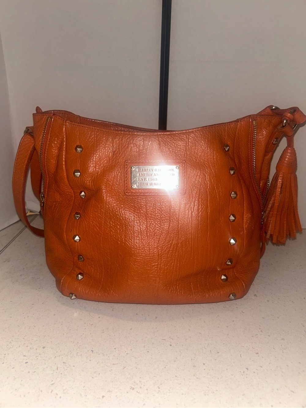 Harley Davidson Orange Leather Studded Shoulder Bag with Tassel